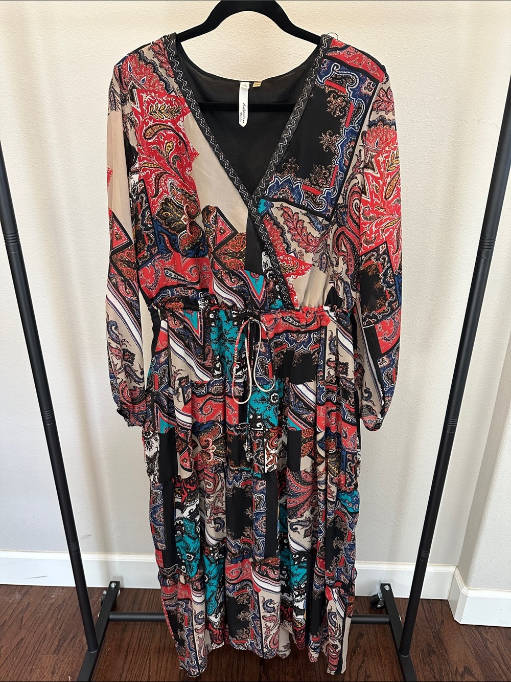 NY Collection Bohemian Paisley Wrap Maxi Dress in Red & Teal